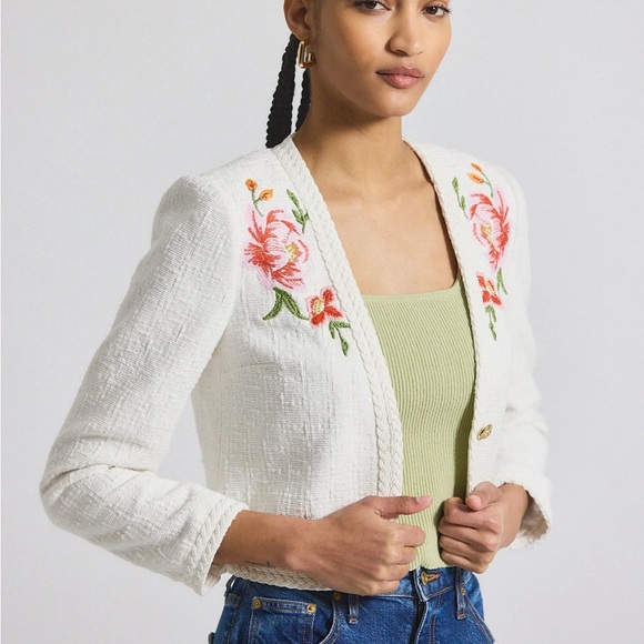 NWT 10 Derek Lam 10 Crosby x Anthropologie Bayle Embroidered Tweed Jacket Cream - Picture 5 of 15